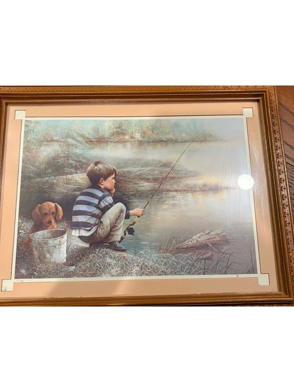 Homco Home Interiors Framed Print of Boy and Dog Fishing Wood Picture 14x18